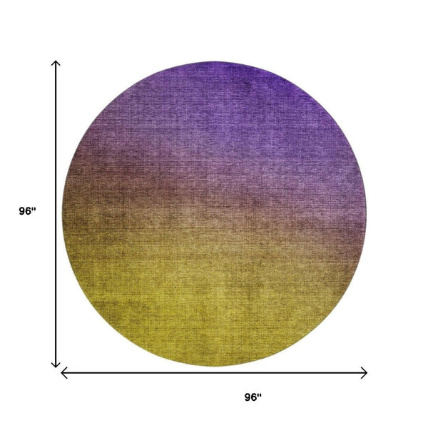 HomeRoots 8' Vibrant Purple Blue Gold Ombre Round Rug - Washable, Stain Resistant, UV Protected for Homes 650401