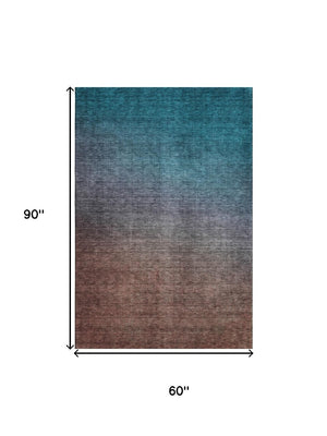 HomeRoots 5' Teal and Brown Ombre Area Rug - Stylish, Washable, UV-Protected, and Durable for Homes with Kids & Pets 650406