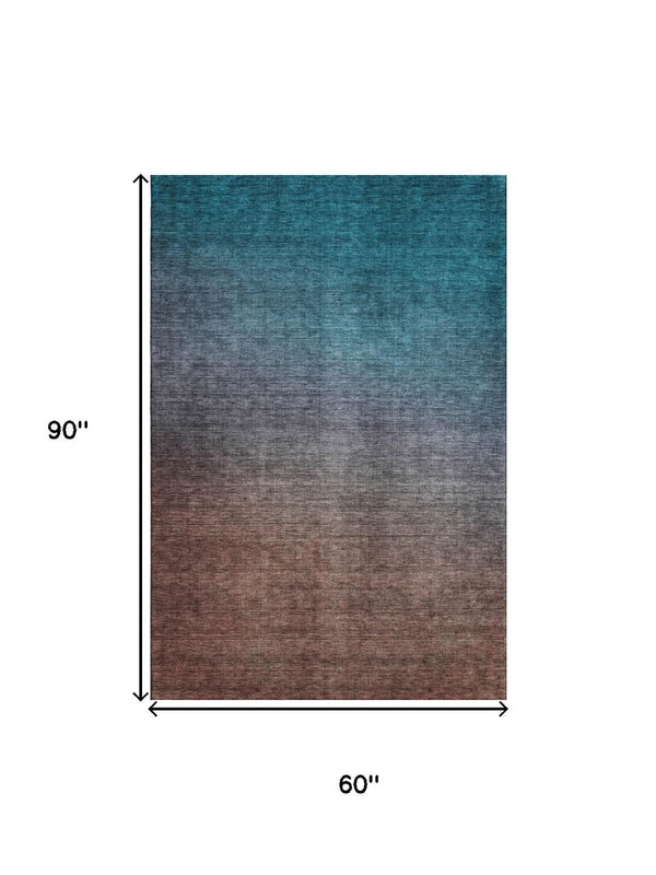 HomeRoots 5' Teal and Brown Ombre Area Rug - Stylish, Washable, UV-Protected, and Durable for Homes with Kids & Pets 650406