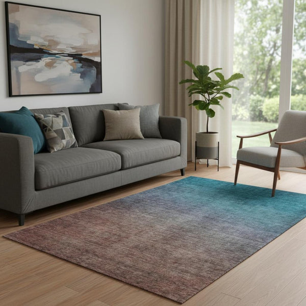 HomeRoots 5' Teal and Brown Ombre Area Rug - Stylish, Washable, UV-Protected, and Durable for Homes with Kids & Pets 650406