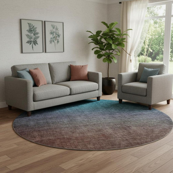 HomeRoots 8' Teal and Brown Ombre Round Rug – Washable, UV Protected, and Stain-Resistant for Busy Homes 650407