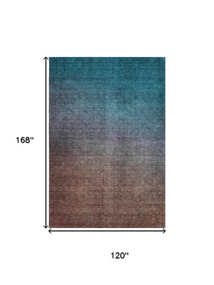 HomeRoots 10' X 14' Teal and Brown Ombre Area Rug - Washable, UV-Protected, Durable, and Stylish Design! 650410