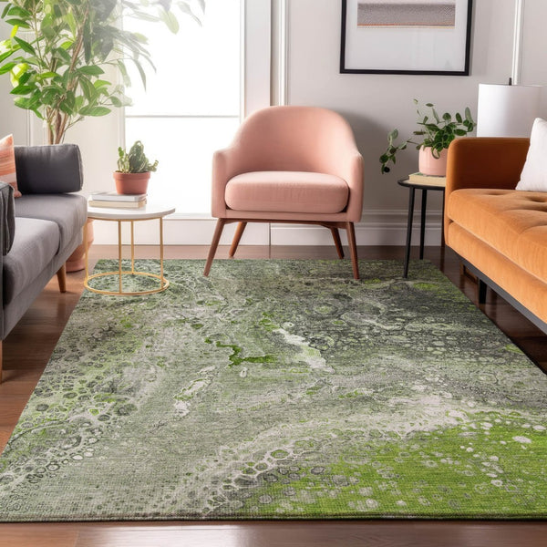 HomeRoots 5' X 8' Artichoke Green Gray Ivory Abstract Rug - Stylish, Washable, UV Protected, Pet-Friendly Design 650412