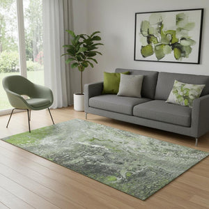 HomeRoots 5' X 8' Artichoke Green Gray Ivory Abstract Rug - Stylish, Washable, UV Protected, Pet-Friendly Design 650412