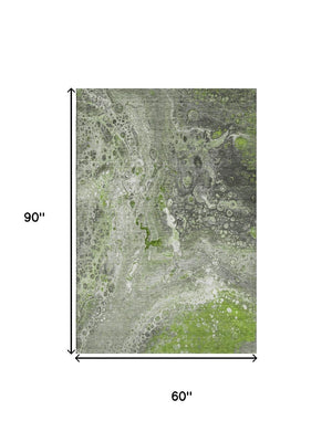 HomeRoots 5' X 8' Artichoke Green Gray Ivory Abstract Rug - Stylish, Washable, UV Protected, Pet-Friendly Design 650412