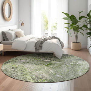HomeRoots 8' Abstract Washable Round Rug in Artichoke Green & Gray - Stain Resistant, UV Protected Comfort 650413