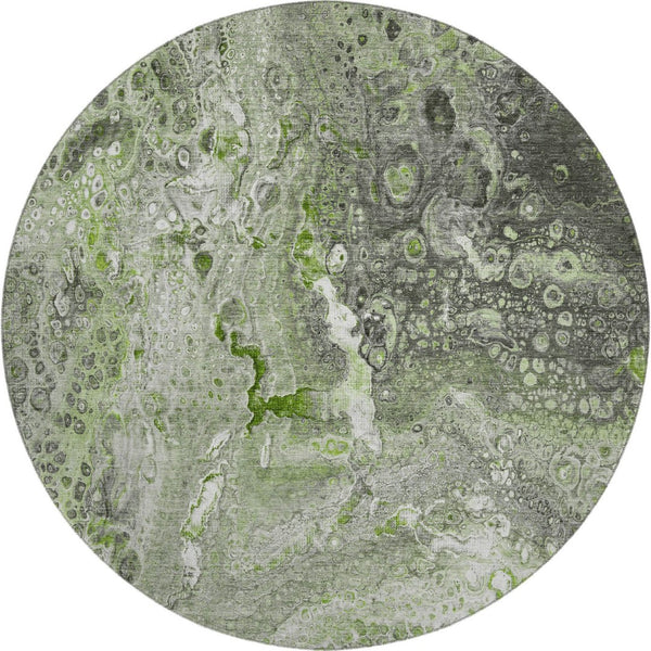 HomeRoots 8' Abstract Washable Round Rug in Artichoke Green & Gray - Stain Resistant, UV Protected Comfort 650413