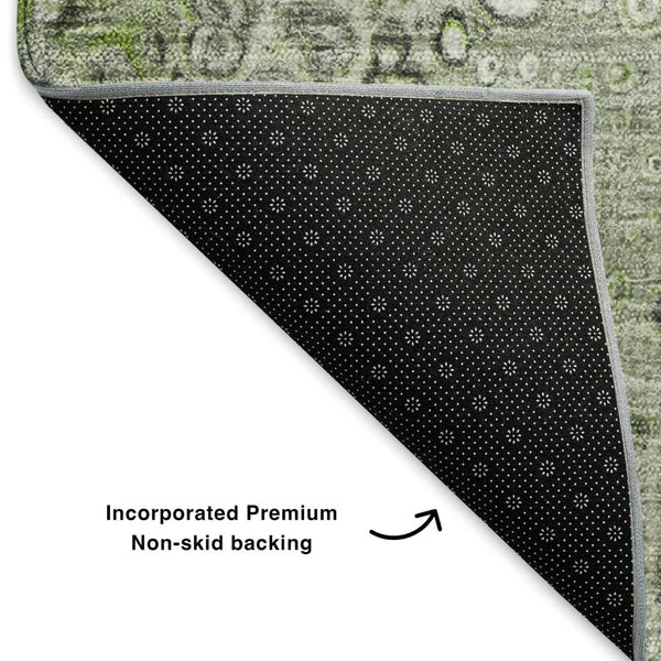 HomeRoots 8' Abstract Washable Round Rug in Artichoke Green & Gray - Stain Resistant, UV Protected Comfort 650413