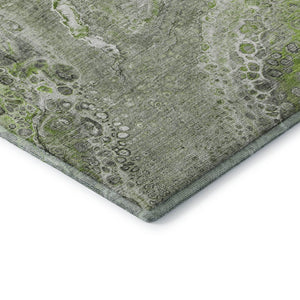 HomeRoots 8' Abstract Washable Round Rug in Artichoke Green & Gray - Stain Resistant, UV Protected Comfort 650413