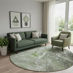 HomeRoots 8' Abstract Washable Round Rug in Artichoke Green & Gray - Stain Resistant, UV Protected Comfort 650413