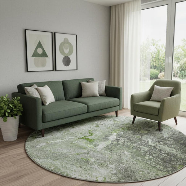 HomeRoots 8' Abstract Washable Round Rug in Artichoke Green & Gray - Stain Resistant, UV Protected Comfort 650413