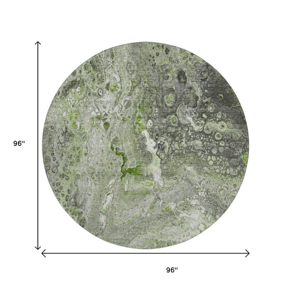 HomeRoots 8' Abstract Washable Round Rug in Artichoke Green & Gray - Stain Resistant, UV Protected Comfort 650413