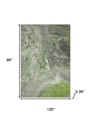 HomeRoots 8' X 10' Artichoke Green Gray Ivory Abstract Area Rug - Washable, UV-Protected, Ideal for Active Homes 650414