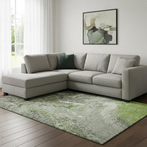 HomeRoots 8' X 10' Artichoke Green Gray Ivory Abstract Area Rug - Washable, UV-Protected, Ideal for Active Homes 650414