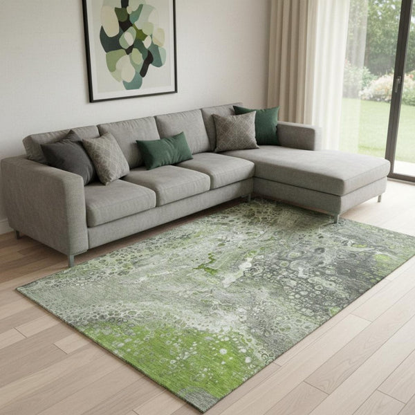 HomeRoots 10' X 14' Artichoke Green Gray Ivory Abstract Area Rug - Washable, UV-Protected, Stain-Resistant! 650416