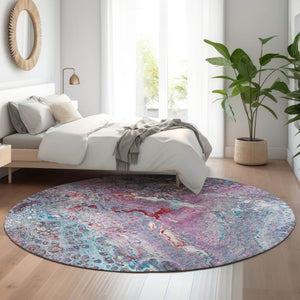 HomeRoots 8' Vibrant Blue Pink Purple Abstract Round Rug - Washable, UV Protected, Ideal for Busy Spaces! 650419