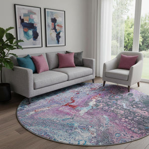 HomeRoots 8' Vibrant Blue Pink Purple Abstract Round Rug - Washable, UV Protected, Ideal for Busy Spaces! 650419