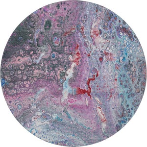 HomeRoots 8' Vibrant Blue Pink Purple Abstract Round Rug - Washable, UV Protected, Ideal for Busy Spaces! 650419