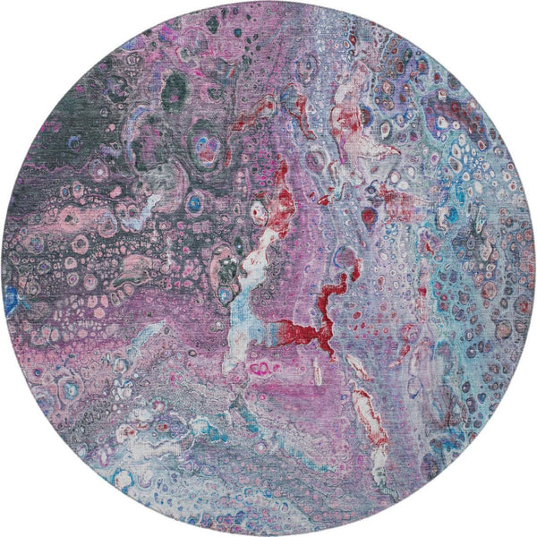 HomeRoots 8' Vibrant Blue Pink Purple Abstract Round Rug - Washable, UV Protected, Ideal for Busy Spaces! 650419