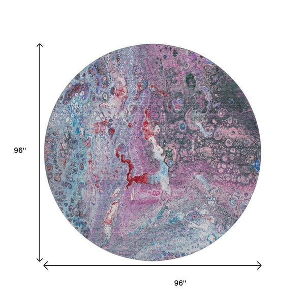 HomeRoots 8' Vibrant Blue Pink Purple Abstract Round Rug - Washable, UV Protected, Ideal for Busy Spaces! 650419