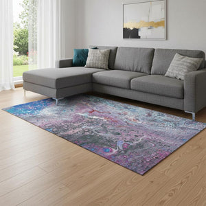 HomeRoots 9' X 12' Washable Abstract Area Rug in Blue, Pink & Purple - UV Protected for High-Traffic Spaces 650421