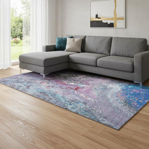 HomeRoots 10' X 14' Stylish Blue, Pink & Purple Abstract Washable Area Rug with UV Protection for Homes 650422