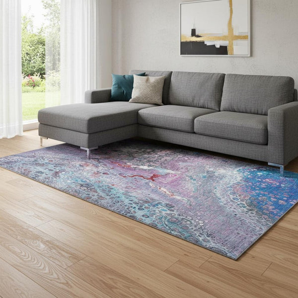 HomeRoots 10' X 14' Stylish Blue, Pink & Purple Abstract Washable Area Rug with UV Protection for Homes 650422