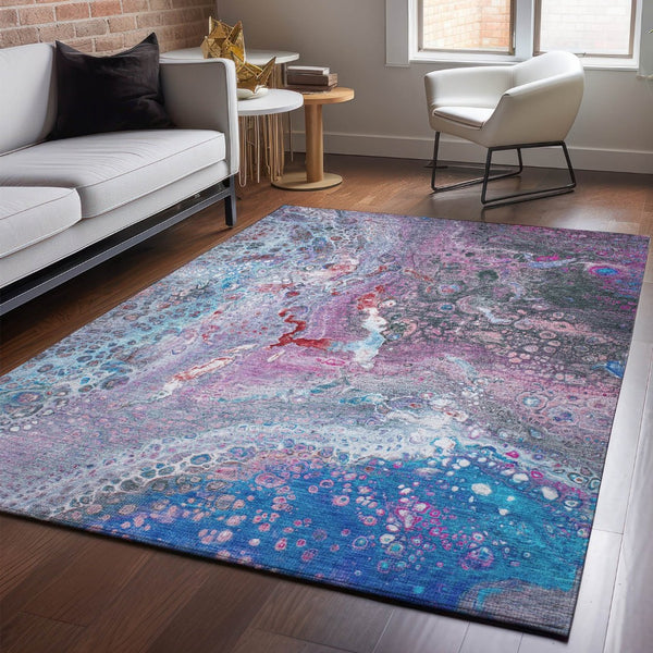 HomeRoots 10' X 14' Stylish Blue, Pink & Purple Abstract Washable Area Rug with UV Protection for Homes 650422
