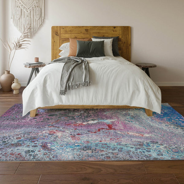HomeRoots 10' X 14' Stylish Blue, Pink & Purple Abstract Washable Area Rug with UV Protection for Homes 650422