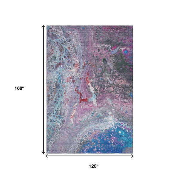 HomeRoots 10' X 14' Stylish Blue, Pink & Purple Abstract Washable Area Rug with UV Protection for Homes 650422