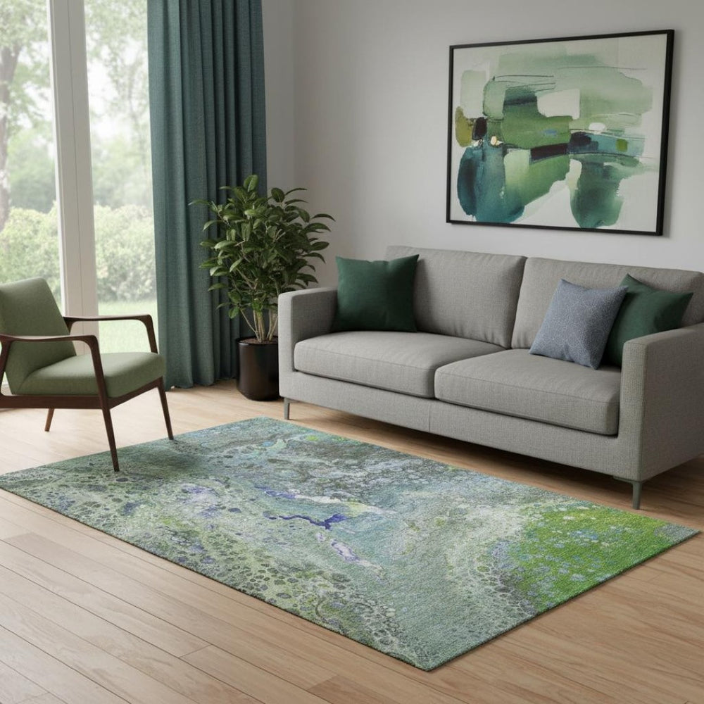 HomeRoots 5' X 8' Abstract Washable Area Rug in Green, Blue, Ivory – UV Protected, Durable & Stylish Design 650424