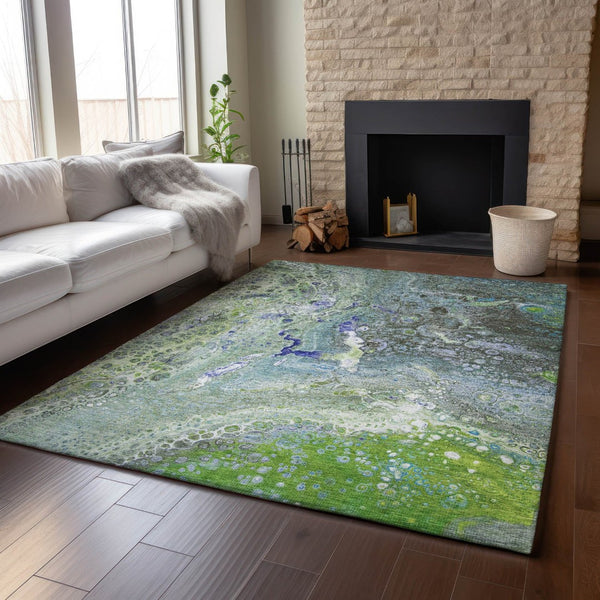 HomeRoots 5' X 8' Abstract Washable Area Rug in Green, Blue, Ivory – UV Protected, Durable & Stylish Design 650424