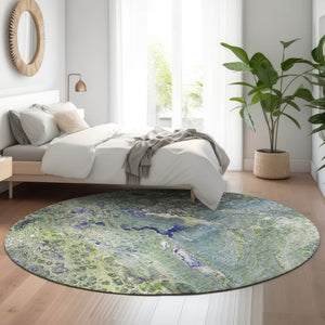 HomeRoots 8' Washable Round Rug - Modern Abstract Green, Blue & Ivory Design with UV Protection for Homes 650425