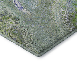 HomeRoots 8' Washable Round Rug - Modern Abstract Green, Blue & Ivory Design with UV Protection for Homes 650425