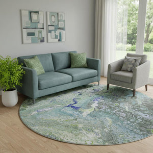 HomeRoots 8' Washable Round Rug - Modern Abstract Green, Blue & Ivory Design with UV Protection for Homes 650425