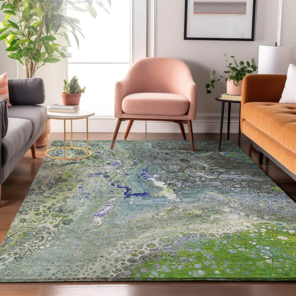 HomeRoots 8' X 10' Washable Abstract Area Rug in Green, Blue & Ivory - UV Protected, Durable & Stylish Design 650426
