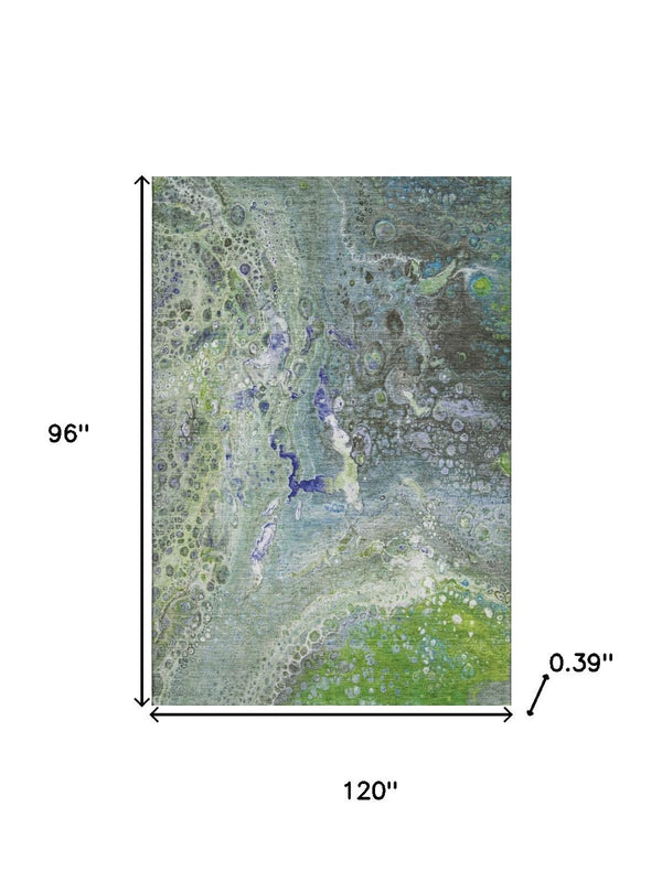 HomeRoots 8' X 10' Washable Abstract Area Rug in Green, Blue & Ivory - UV Protected, Durable & Stylish Design 650426