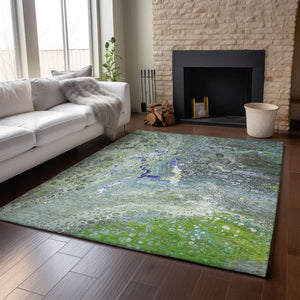 HomeRoots 8' X 10' Washable Abstract Area Rug in Green, Blue & Ivory - UV Protected, Durable & Stylish Design 650426