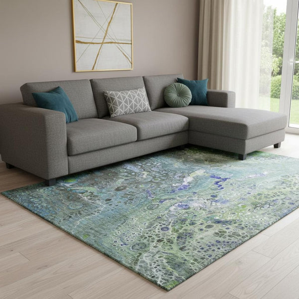 HomeRoots 8' X 10' Washable Abstract Area Rug in Green, Blue & Ivory - UV Protected, Durable & Stylish Design 650426