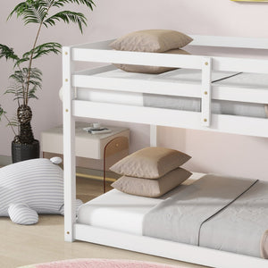 English Elm Solid Rubberwood Twin-Over-Twin Floor Bunk Bed With Ladder, Sturdy Slats & Stylish White Finish W504P191666-GIGA
