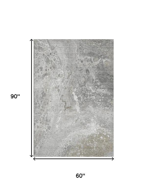 HomeRoots 5' X 8' Modern Silver and Gray Abstract Washable Area Rug with UV Protection for Stylish Homes 650430