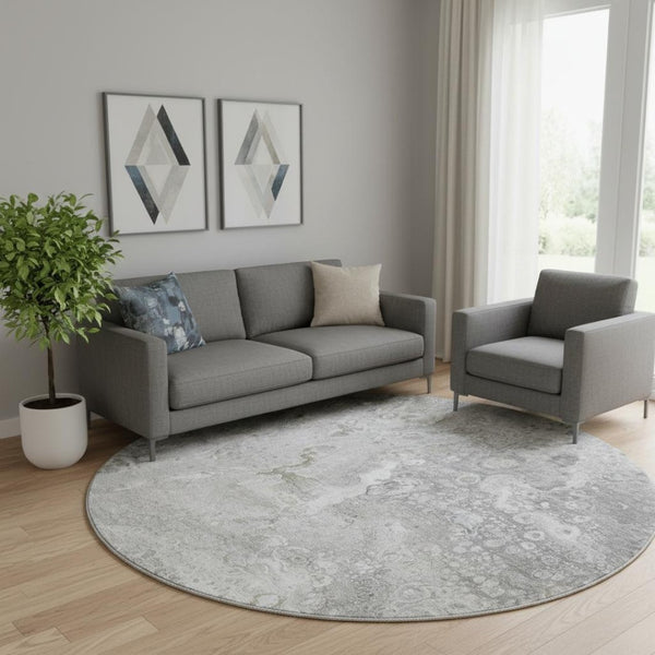 HomeRoots 8' Silver and Gray Abstract Round Washable Rug with UV Protection for Stylish, Busy Homes 650431