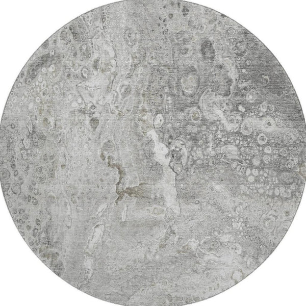 HomeRoots 8' Silver and Gray Abstract Round Washable Rug with UV Protection for Stylish, Busy Homes 650431