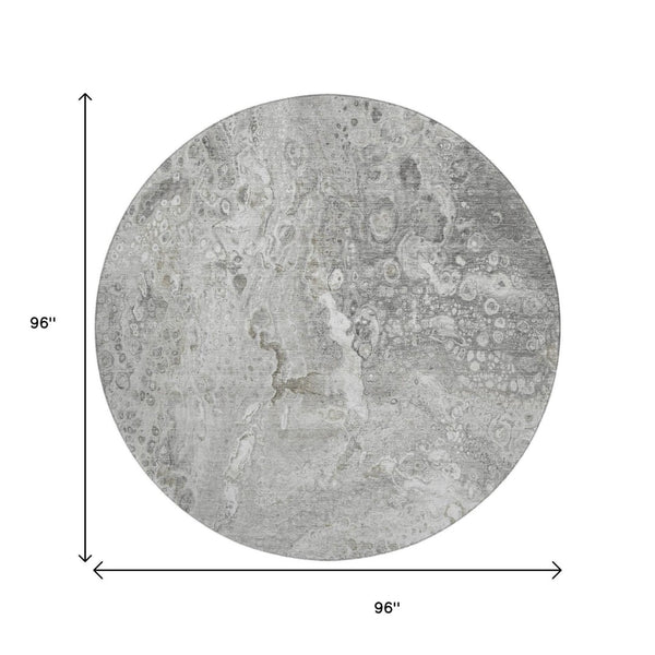 HomeRoots 8' Silver and Gray Abstract Round Washable Rug with UV Protection for Stylish, Busy Homes 650431