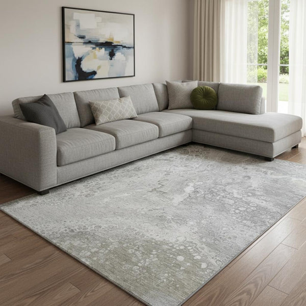 HomeRoots 10' X 14' Silver and Gray Abstract Area Rug - Stylish, Stain-Resistant, Washable, UV Protected Design 650434