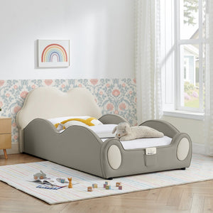 English Elm Twin Cloud Shaped Toddler Bed Upholstered Pu Leather with Guardrails and Storage Pocket Beige W1413S00186