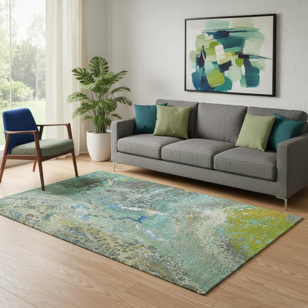 HomeRoots 5' X 8' Stylish Teal Gold Gray Abstract Area Rug - Washable, UV Protected, Ideal for High Traffic Homes 650436