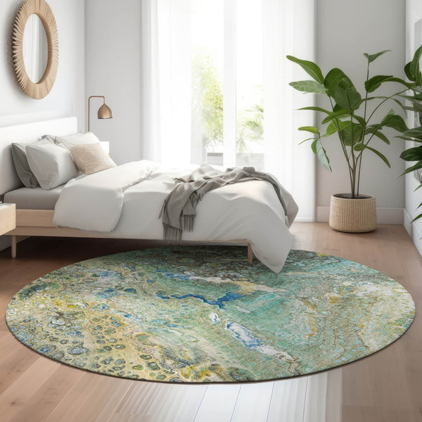 HomeRoots 8' Teal Gold and Gray Abstract Washable Round Rug - UV Resistant, Stain-Resistant, Durable Design! 650437