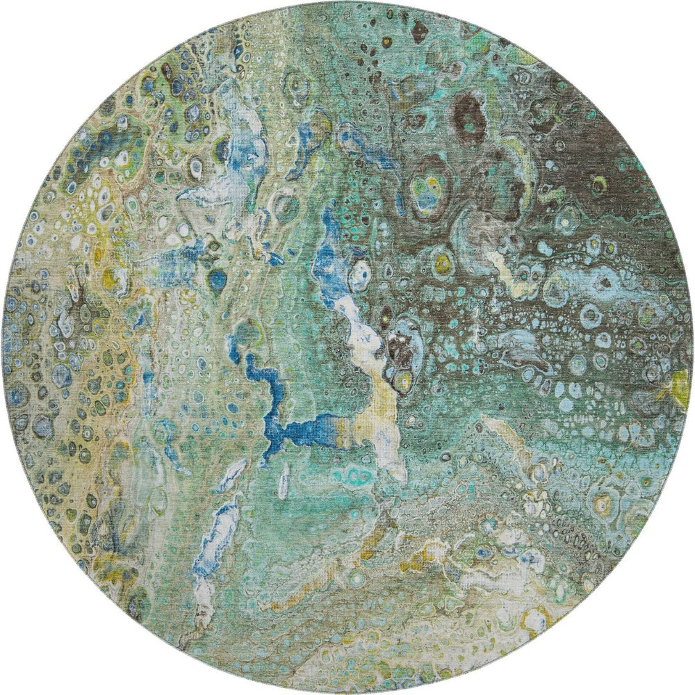 HomeRoots 8' Teal Gold and Gray Abstract Washable Round Rug - UV Resistant, Stain-Resistant, Durable Design! 650437