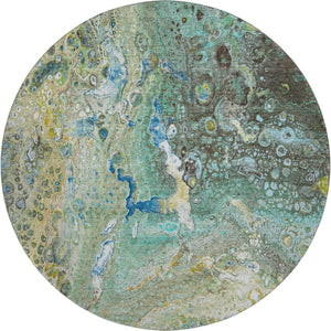 HomeRoots 8' Teal Gold and Gray Abstract Washable Round Rug - UV Resistant, Stain-Resistant, Durable Design! 650437